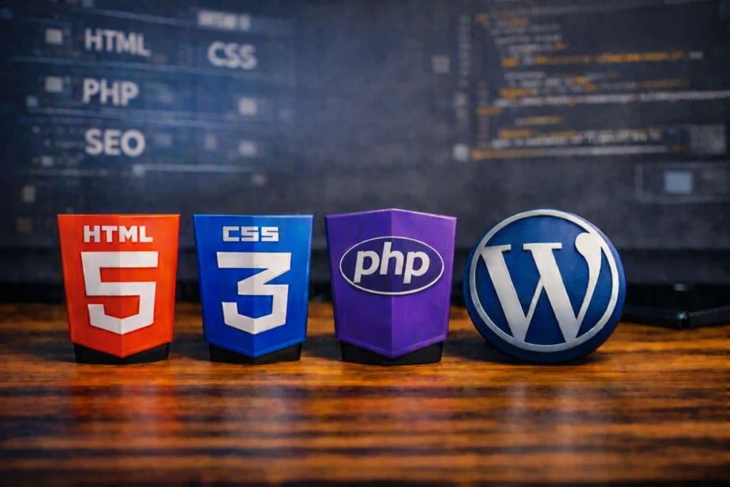 Copilot_20260824_124622 copy – Trinity System Services – Trinity System Services Four developer trophies on a wooden desk: HTML5, CSS3, PHP, and WordPress logos with a code-themed background.
